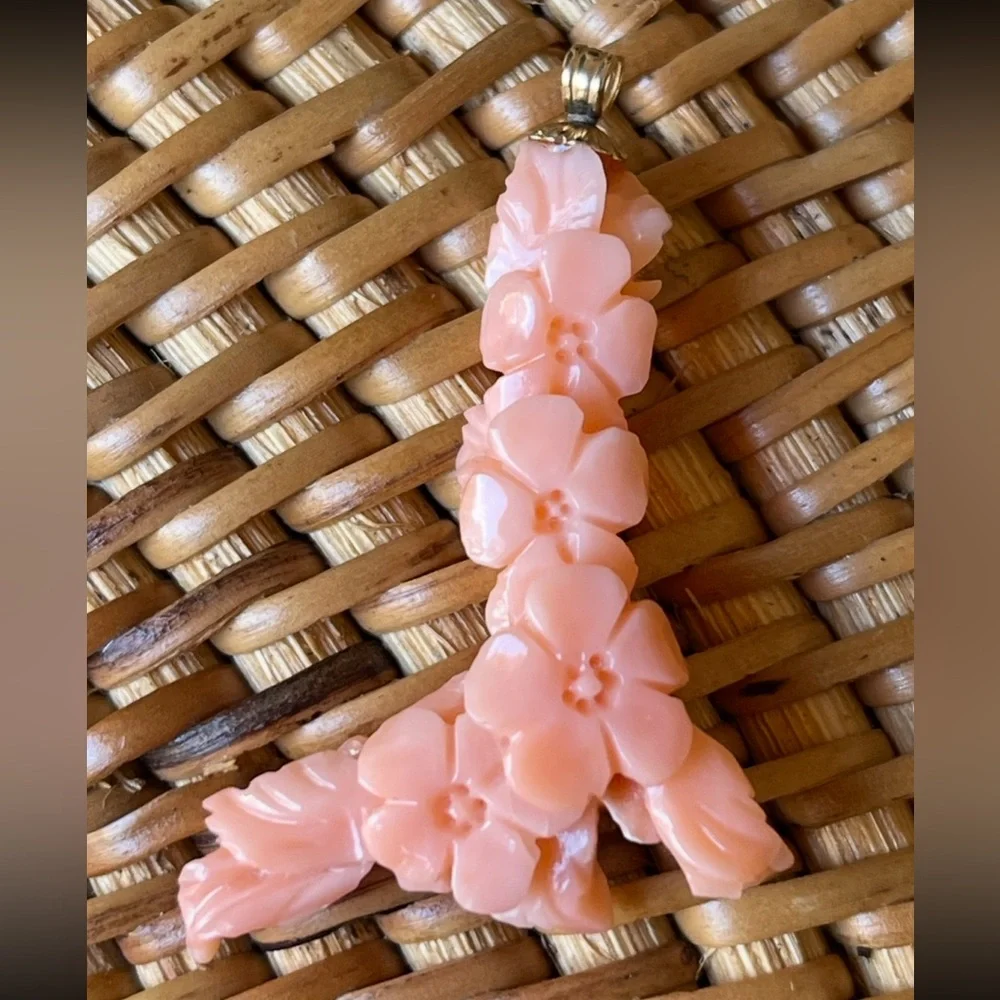 Gorgeous Romantic Carved Floral Genuine Scarce Coral Pendant Enhancer BEAUTEOUS!